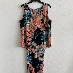 CHICO'S 2-PC SET-NAVY FLORAL PANTS & MATCHING SLEEVELESS TOP-SIZE 2 (LARGE)